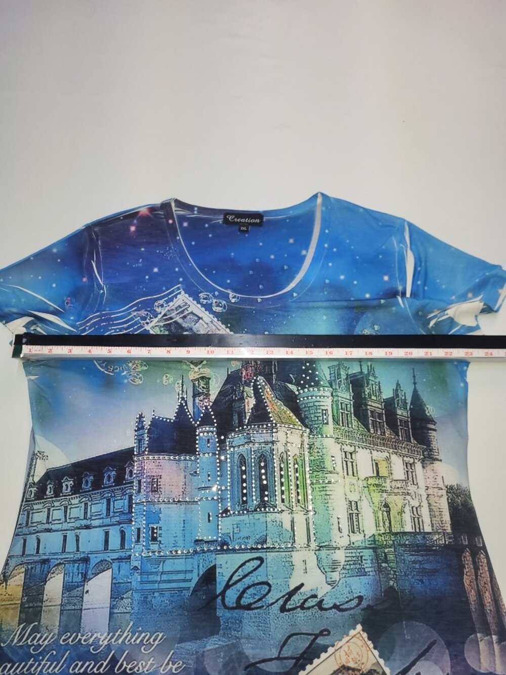 Creation Women’s Blue Paris Cityscape Graphic Top Short Sleeve Lightweight - Picture 6 of 9